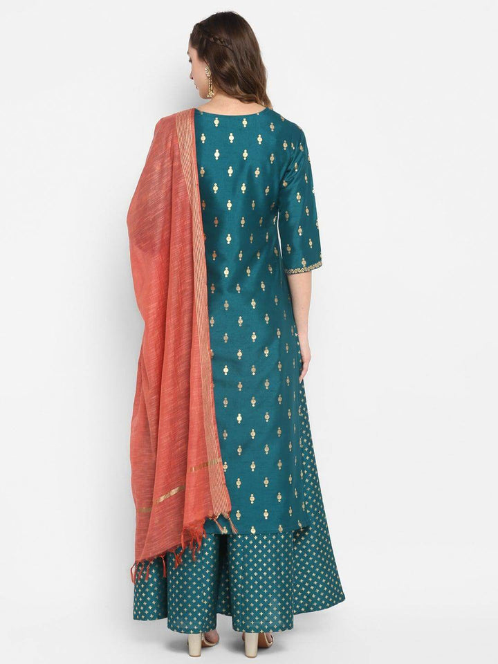 Teal Poly Silk Gold Print Kurta Palazzo Set  - By Janasya