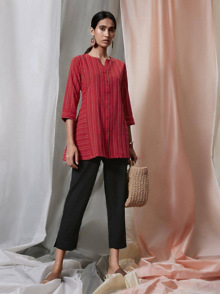 Red Cotton Woven Design A-Line Top  - By Janasya