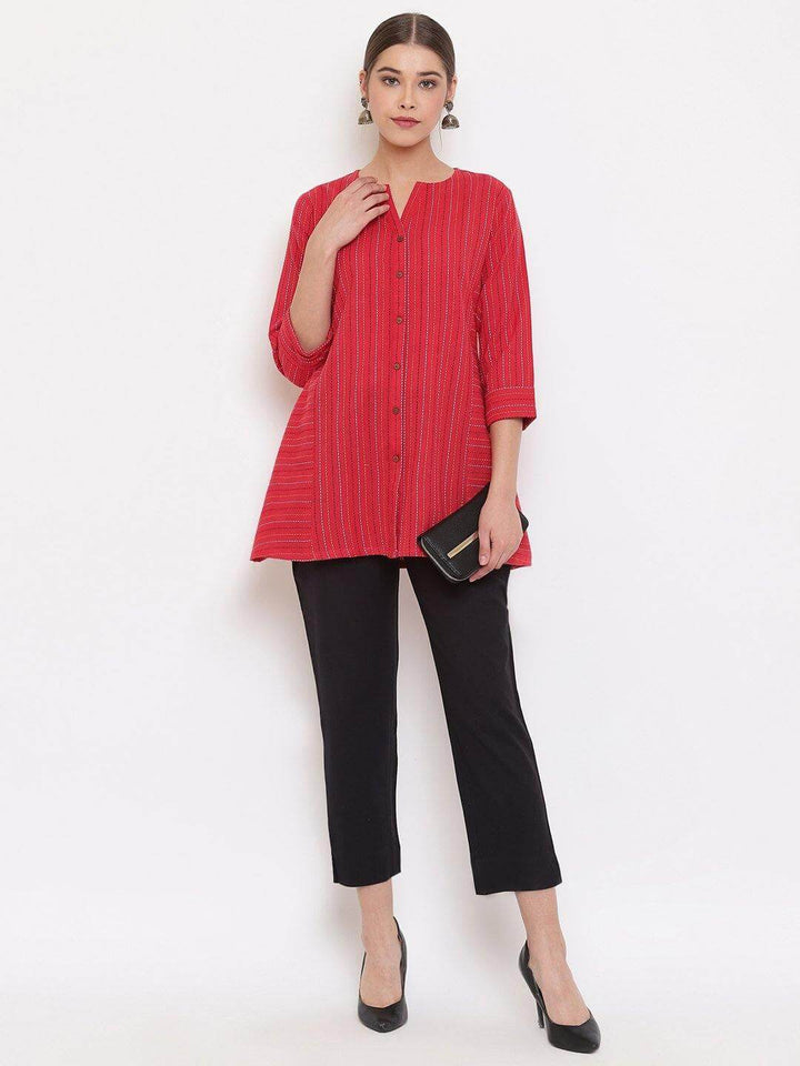 Red Cotton Woven Design A-Line Top  - By Janasya