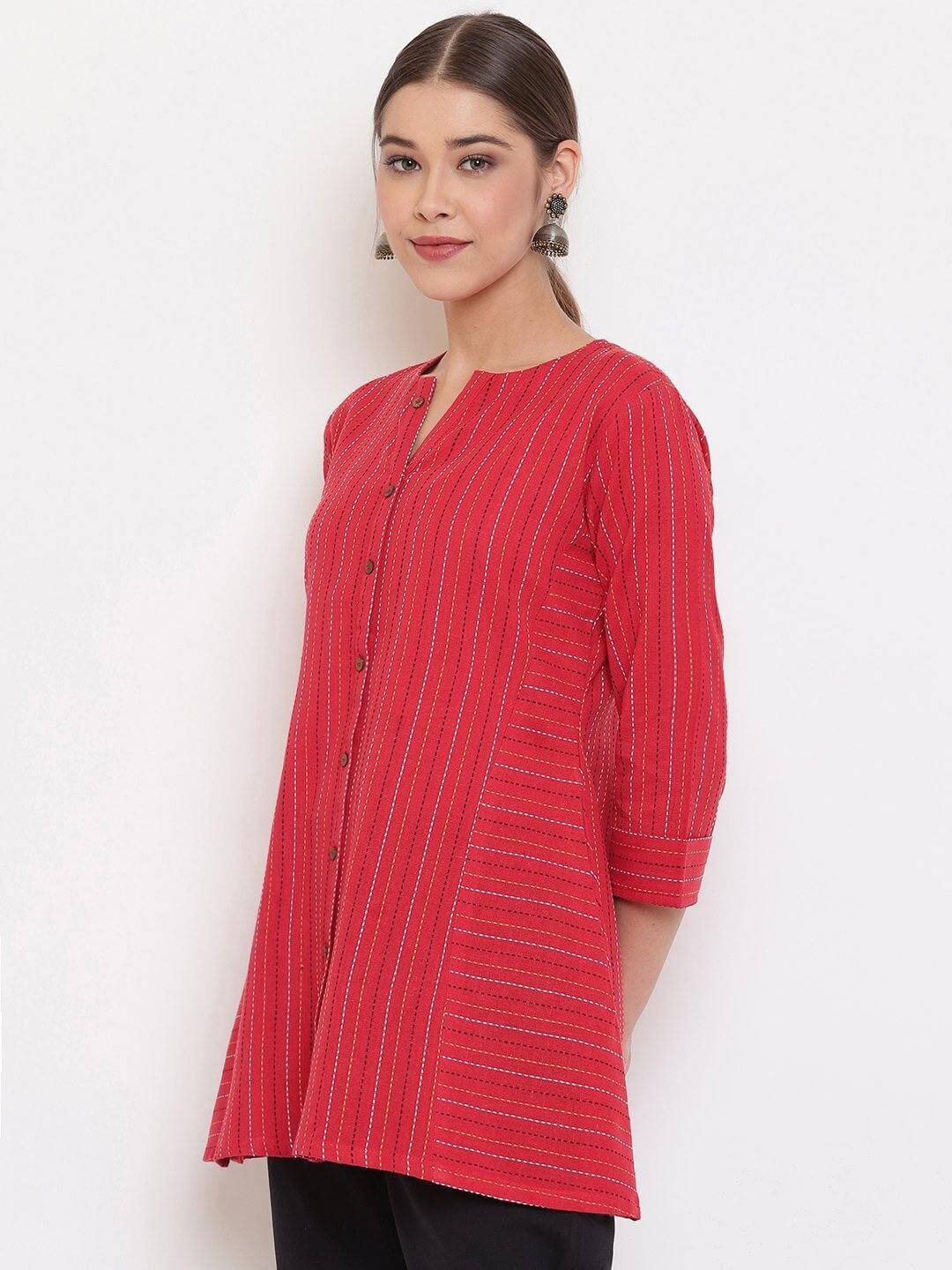 Red Cotton Woven Design A-Line Top  - By Janasya