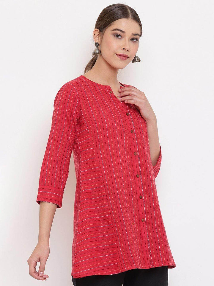 Red Cotton Woven Design A-Line Top  - By Janasya