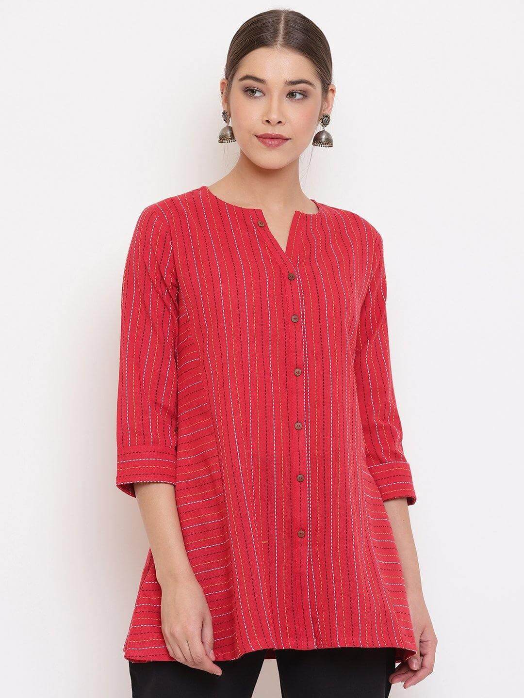 Red Cotton Woven Design A-Line Top  - By Janasya