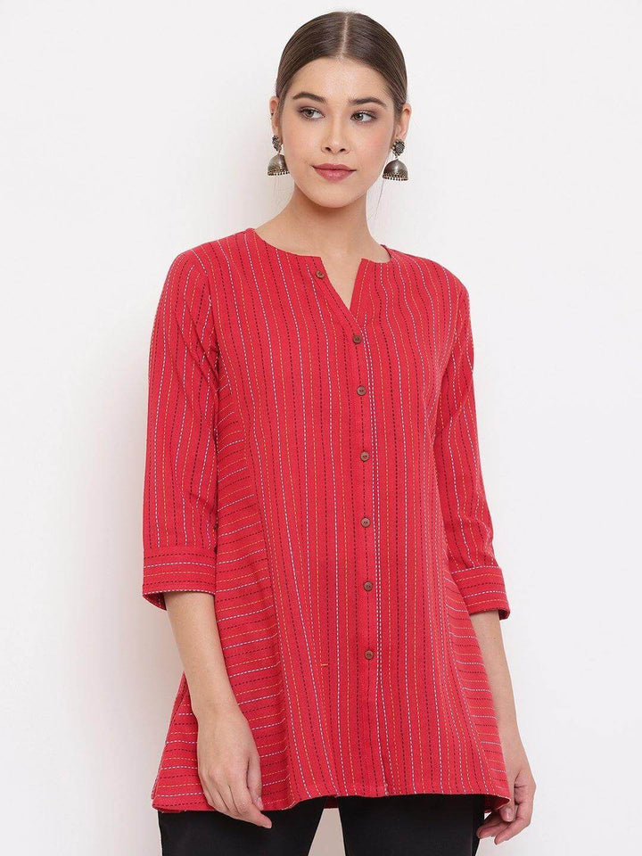 Red Cotton Woven Design A-Line Top  - By Janasya