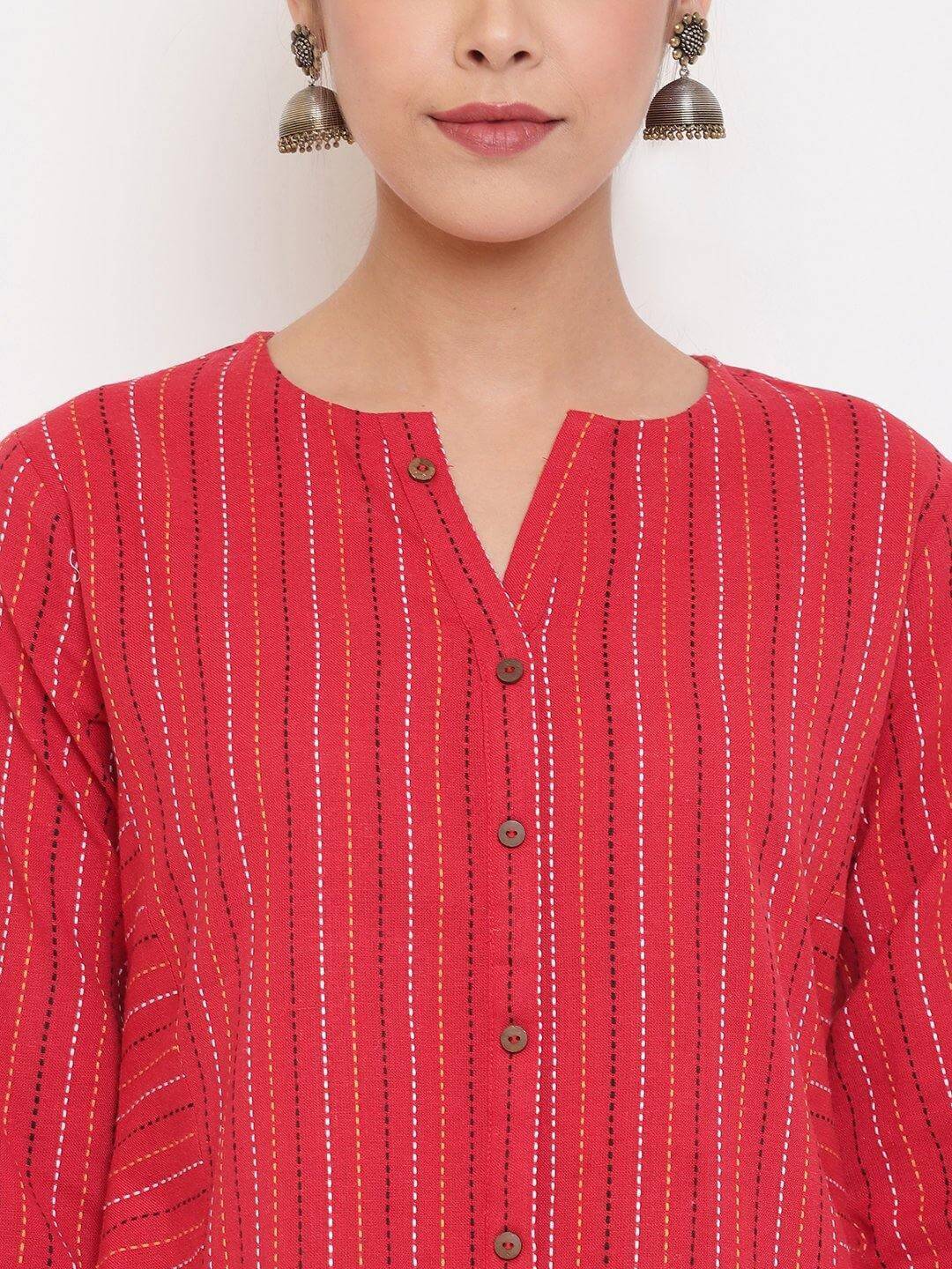 Red Cotton Woven Design A-Line Top  - By Janasya