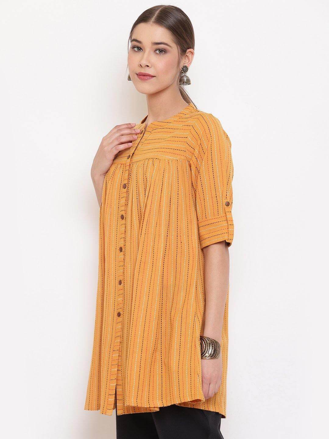 Mustard Cotton Woven Design Gathered Tunic  - By Janasya