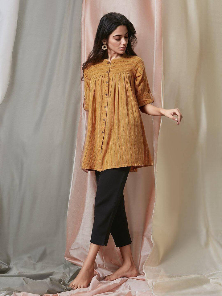 Mustard Cotton Woven Design Gathered Tunic  - By Janasya