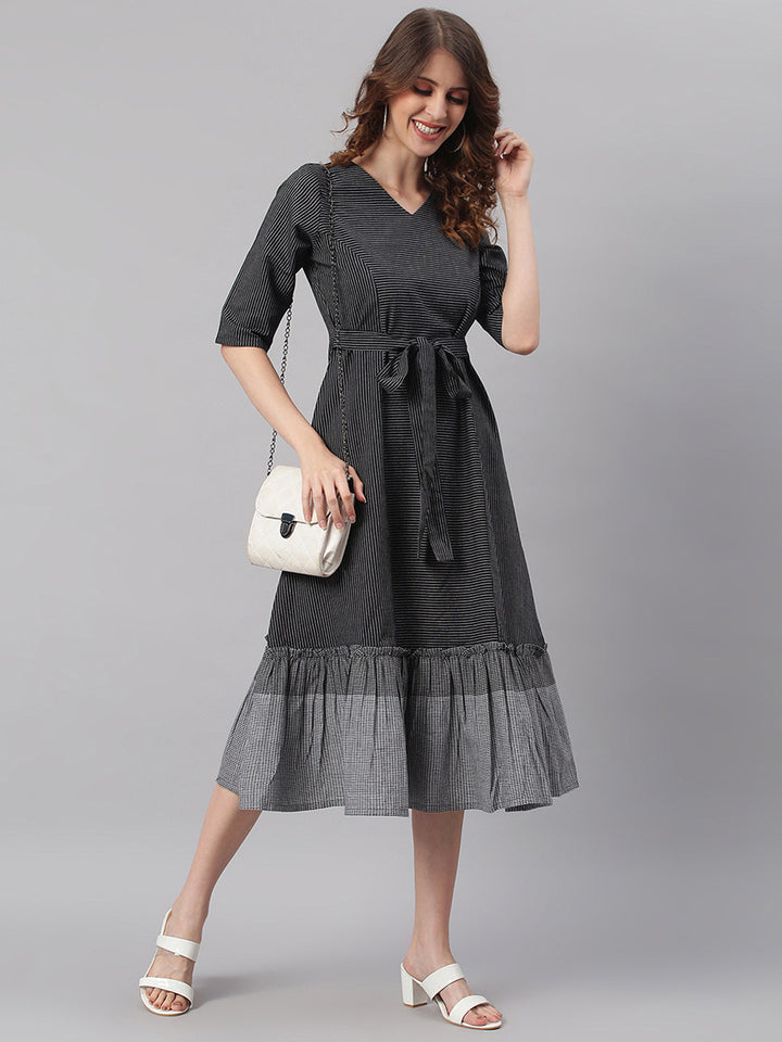 Black Cotton Striped Flared Western Dress  - By Janasya