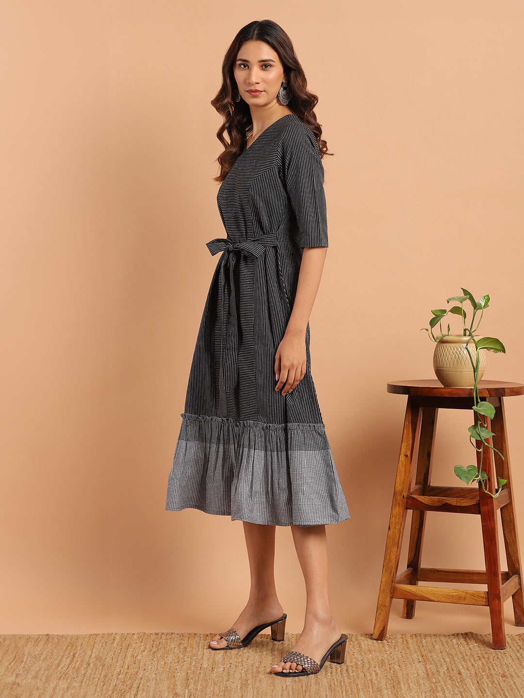 Black Cotton Striped Flared Western Dress  - By Janasya