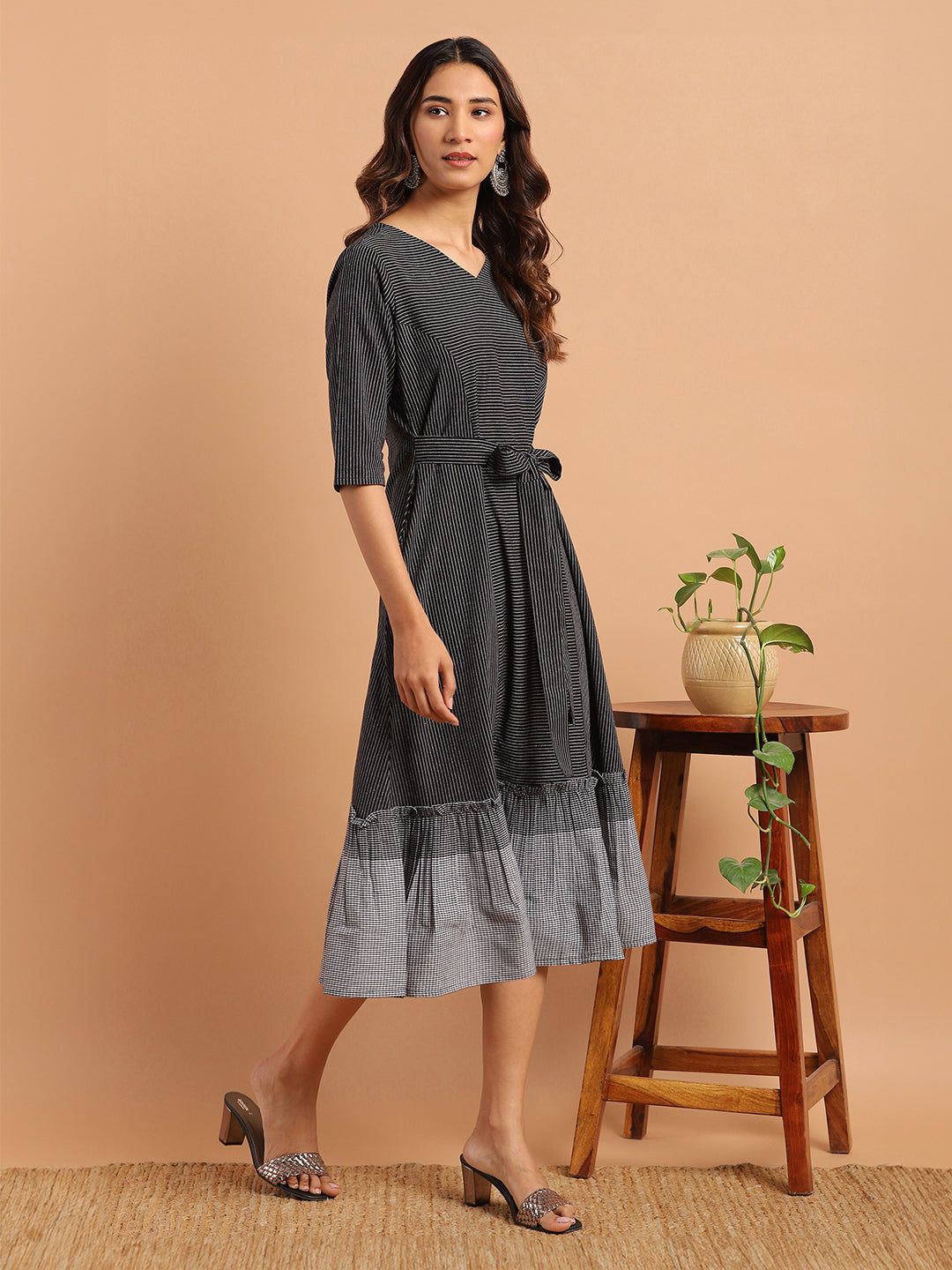 Black Cotton Striped Flared Western Dress  - By Janasya