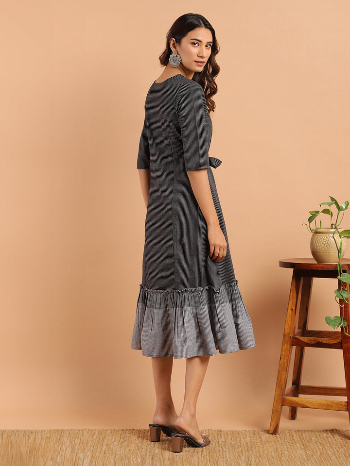 Black Cotton Striped Flared Western Dress  - By Janasya