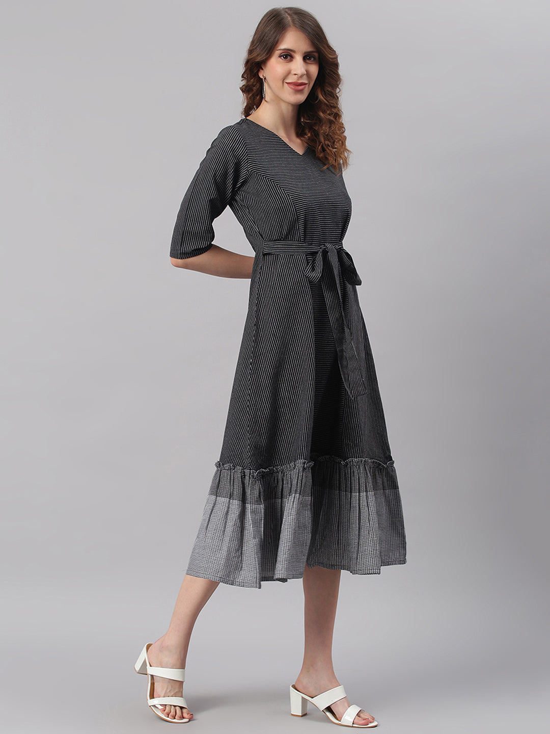 Black Cotton Striped Flared Western Dress  - By Janasya