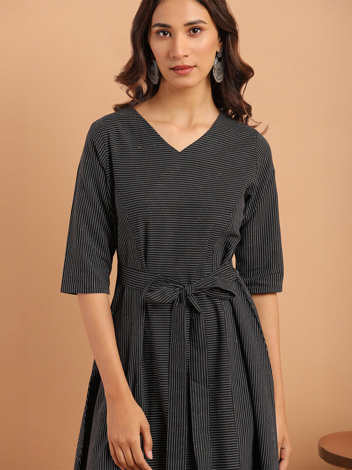 Black Cotton Striped Flared Western Dress  - By Janasya