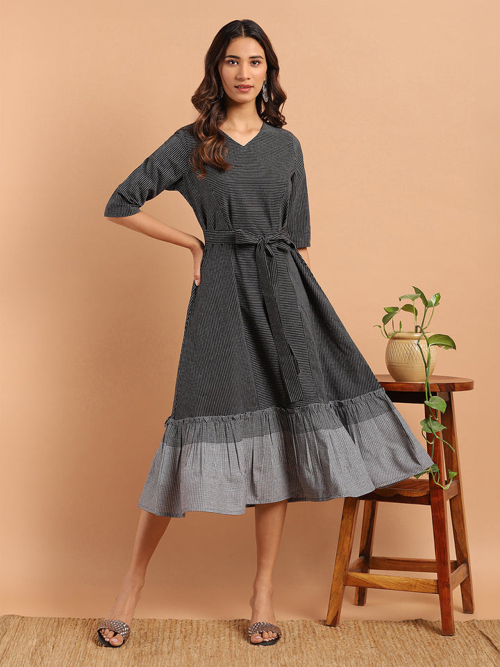 Black Cotton Striped Flared Western Dress  - By Janasya