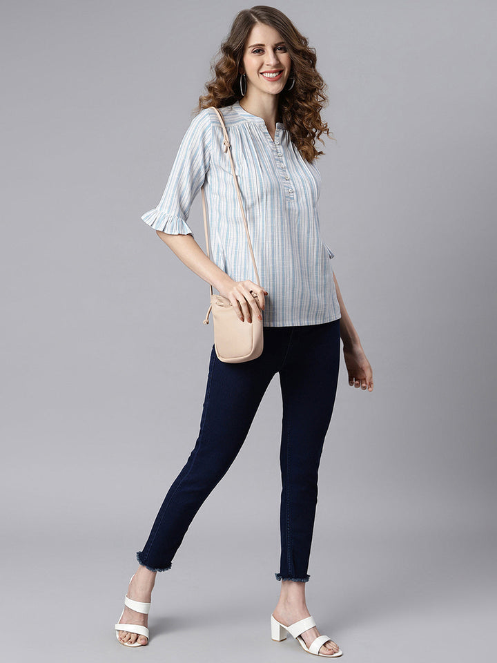 White Cotton Slub Striped Straight Top  - By Janasya