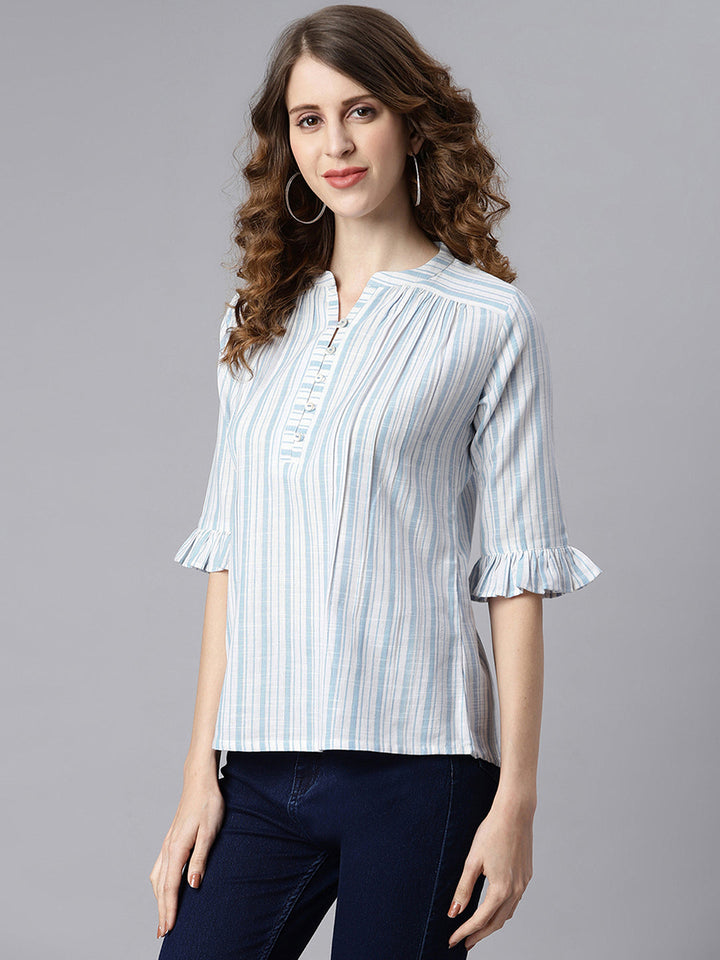 White Cotton Slub Striped Straight Top  - By Janasya