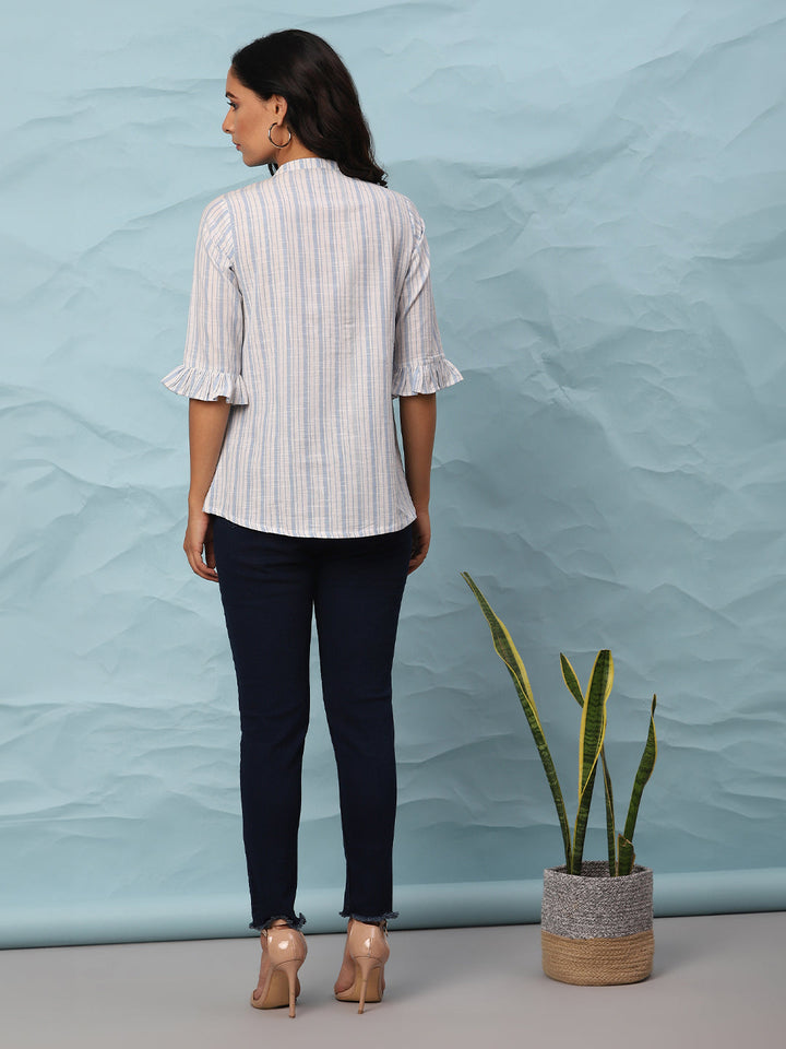 White Cotton Slub Striped Straight Top  - By Janasya