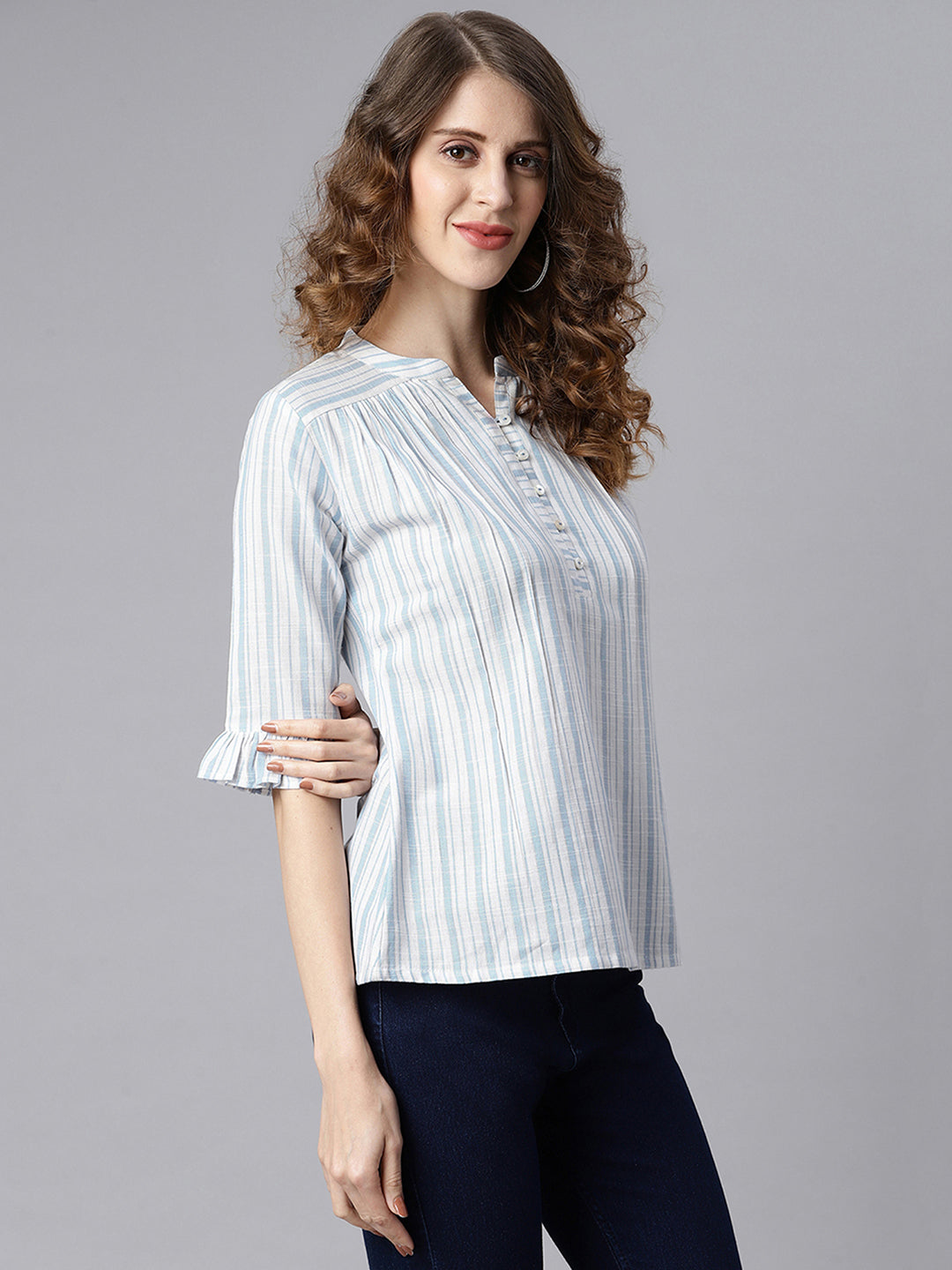 White Cotton Slub Striped Straight Top  - By Janasya