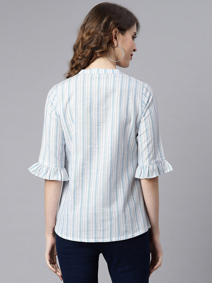 White Cotton Slub Striped Straight Top  - By Janasya