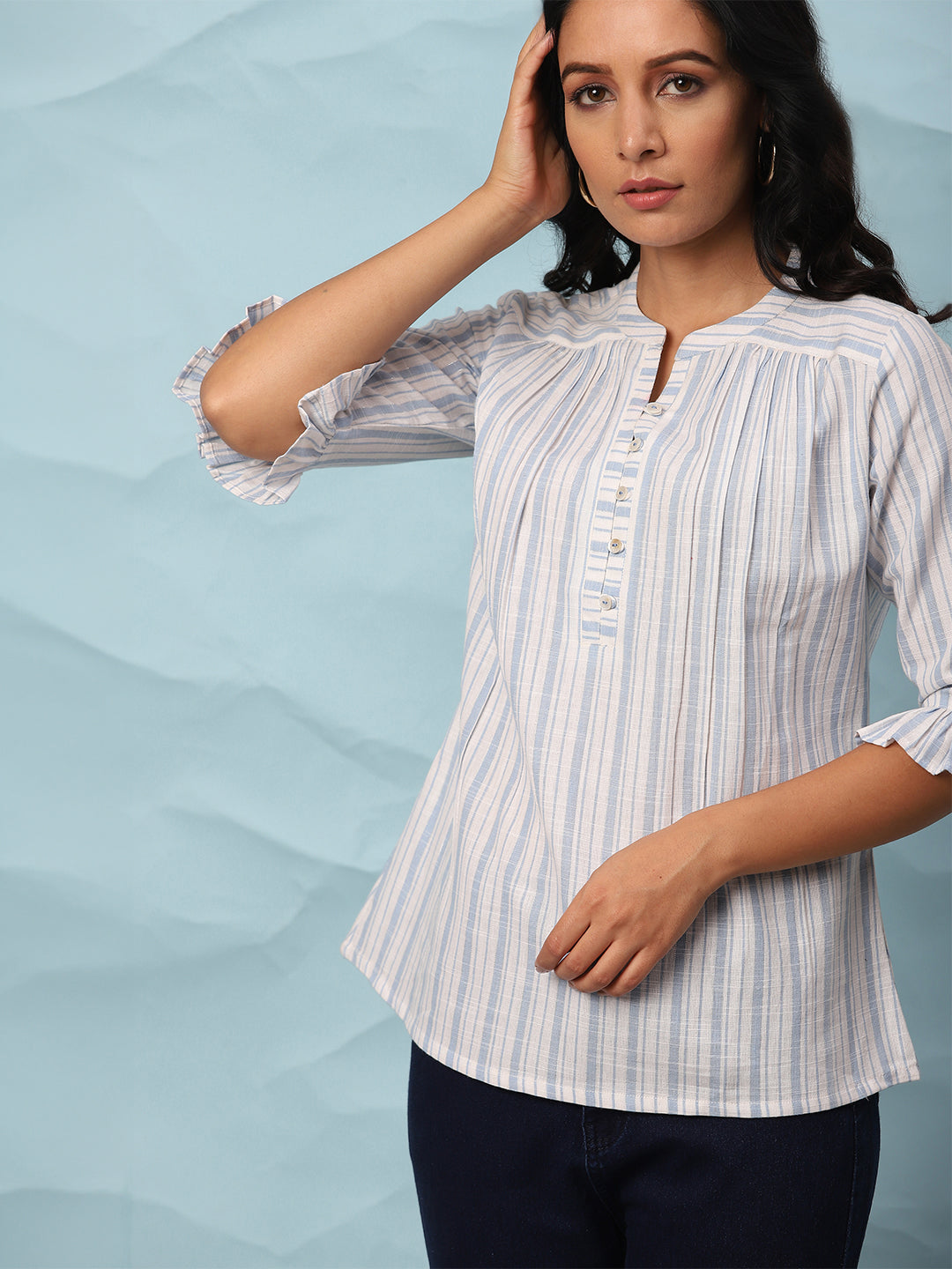 White Cotton Slub Striped Straight Top  - By Janasya