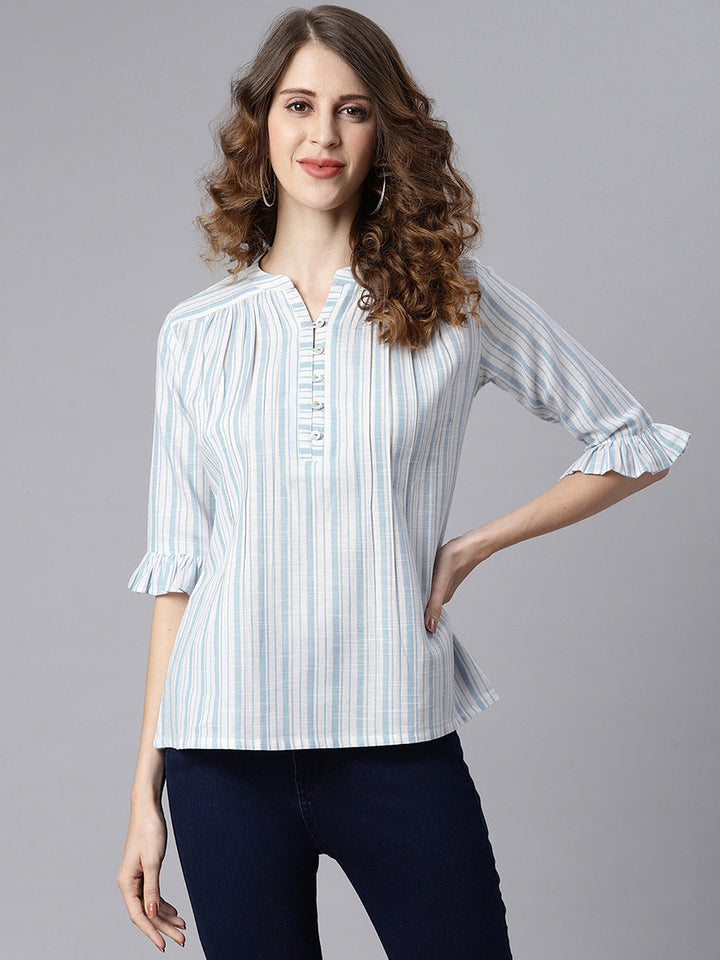 White Cotton Slub Striped Straight Top  - By Janasya