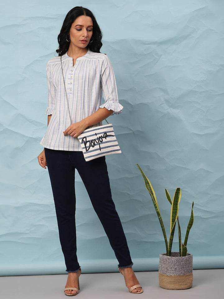 White Cotton Slub Striped Straight Top  - By Janasya