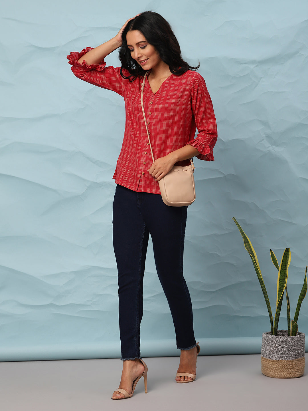 Red Cotton Checkered Top  - By Janasya