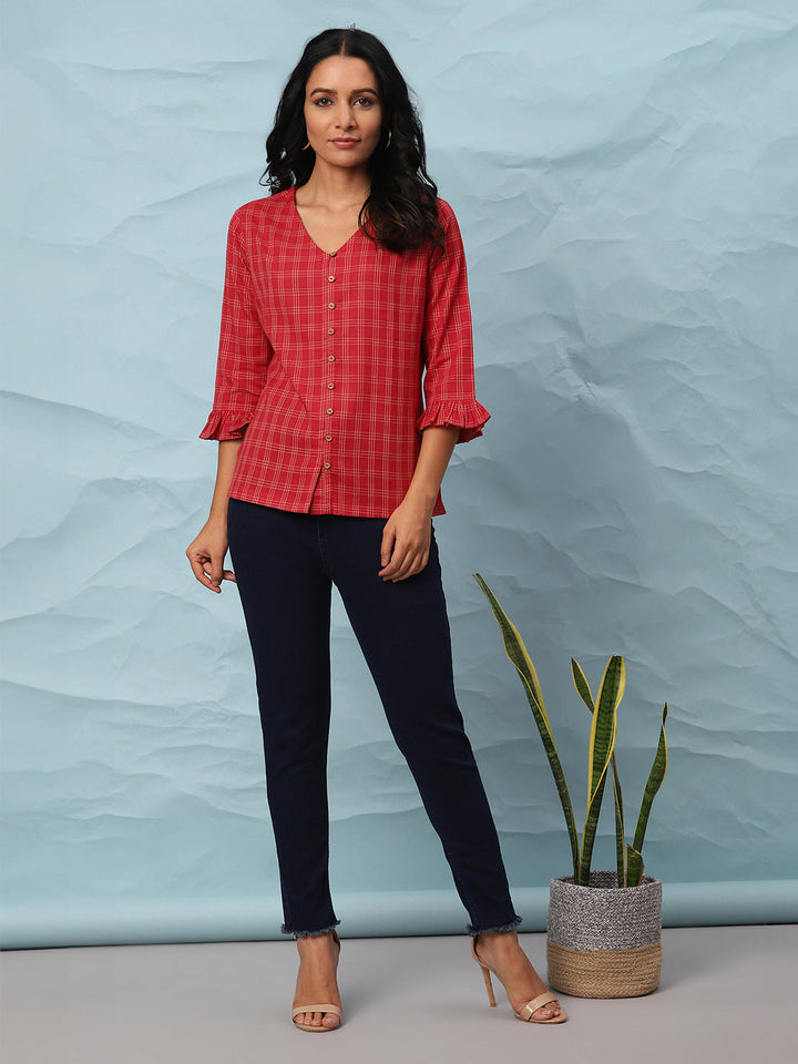 Red Cotton Checkered Top  - By Janasya