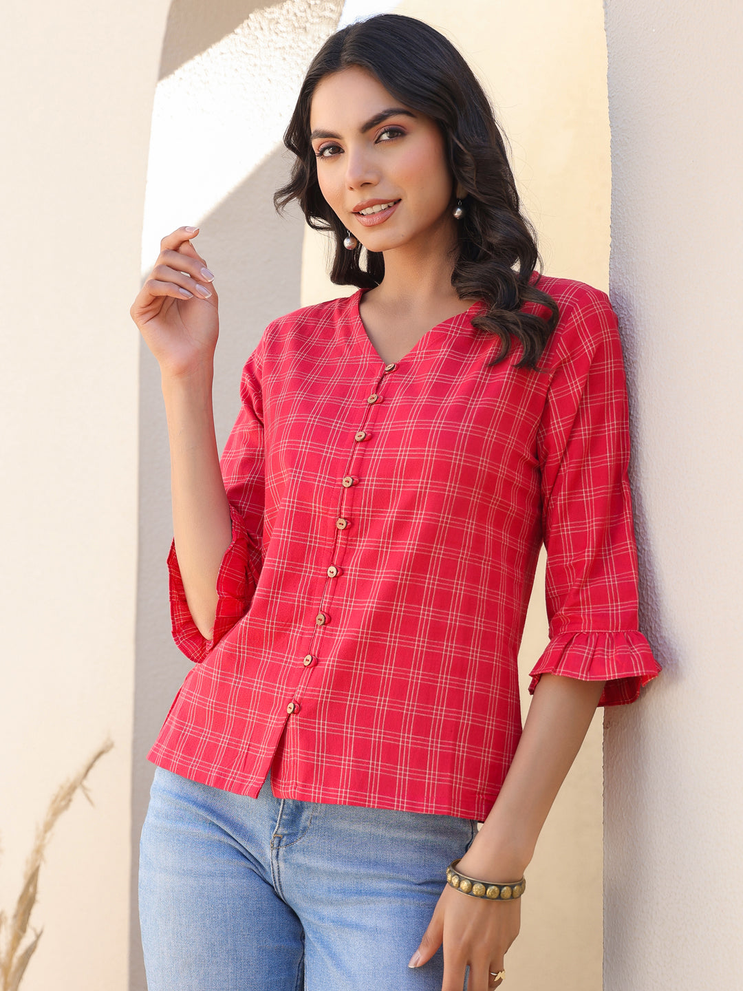 Red Cotton Checkered Top - qivii
