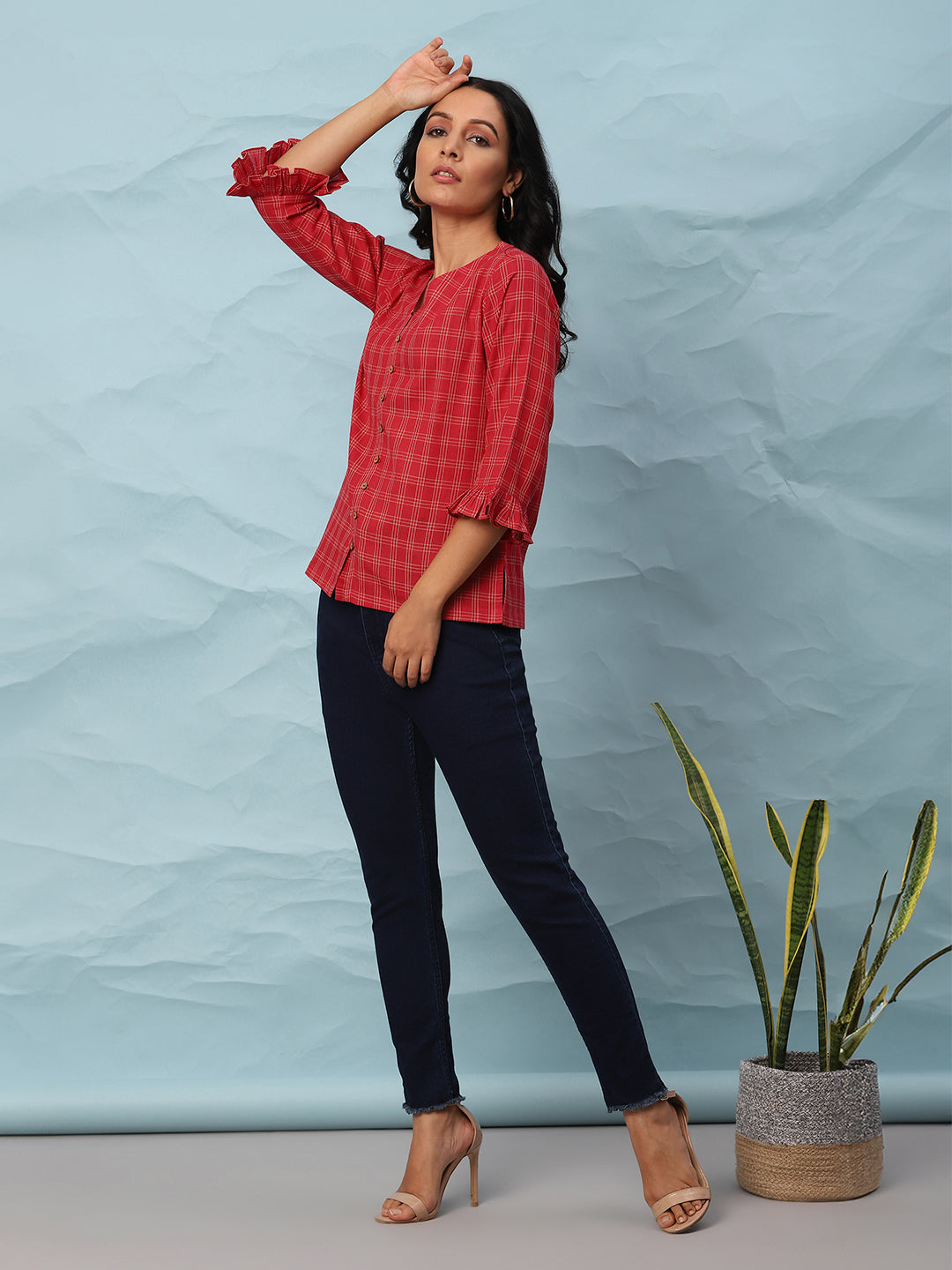 Red Cotton Checkered Top  - By Janasya