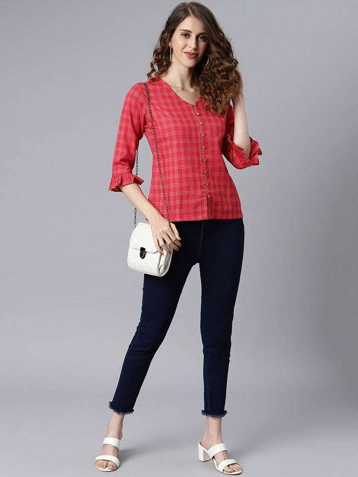 Red Cotton Checkered Regular Top  - By Janasya