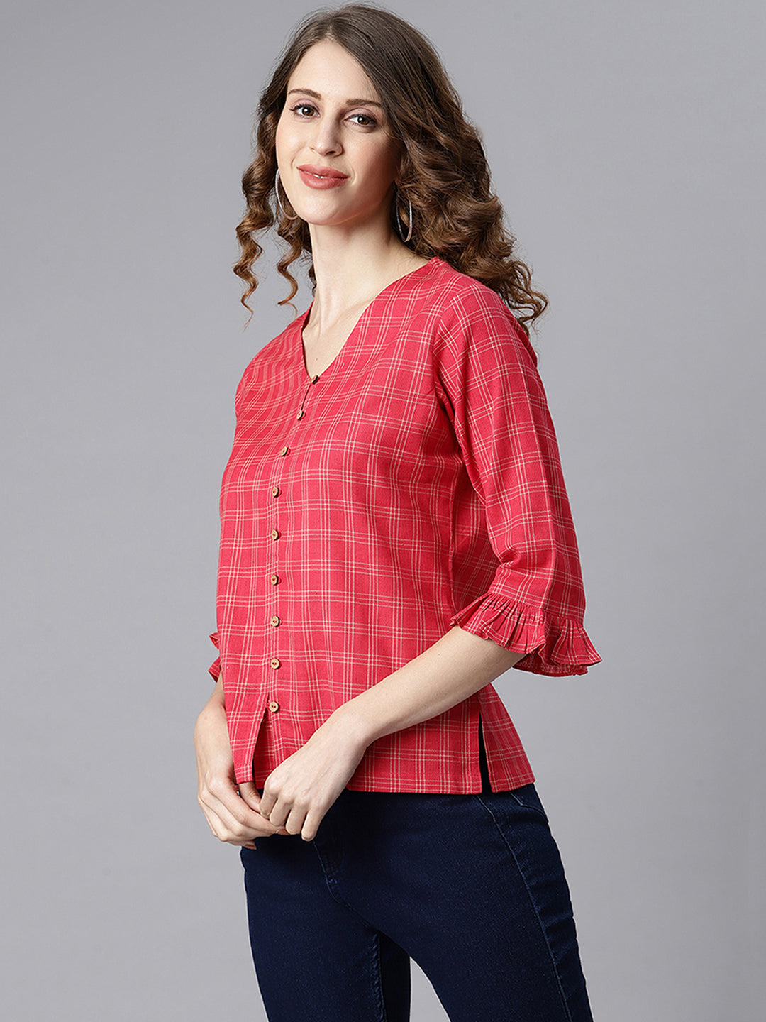 Red Cotton Checkered Regular Top  - By Janasya