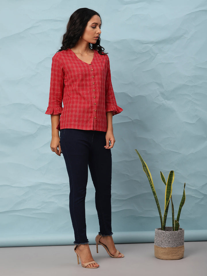 Red Cotton Checkered Top  - By Janasya