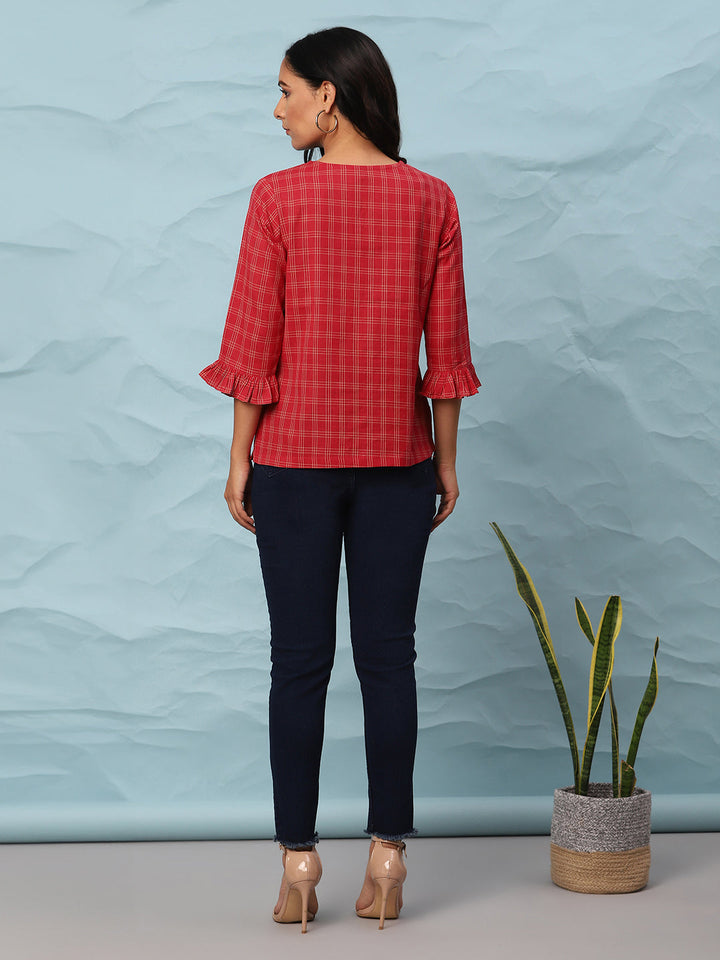 Red Cotton Checkered Top  - By Janasya