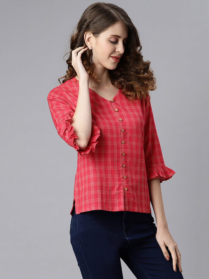 Red Cotton Checkered Regular Top  - By Janasya