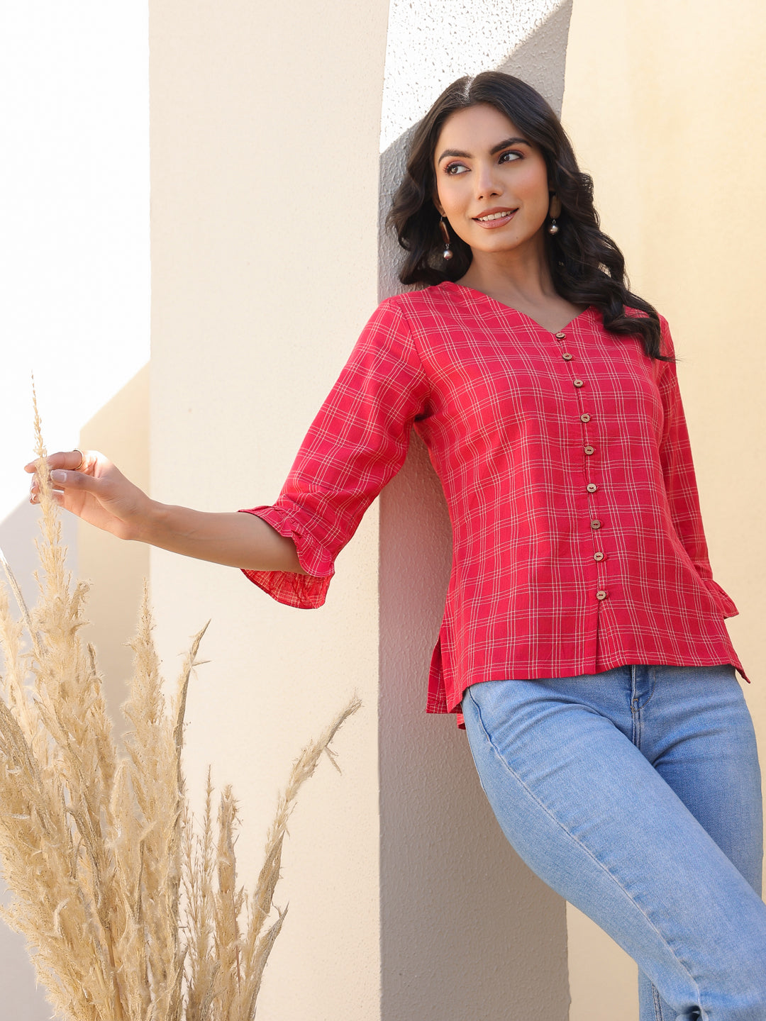 Red Cotton Checkered Top - qivii