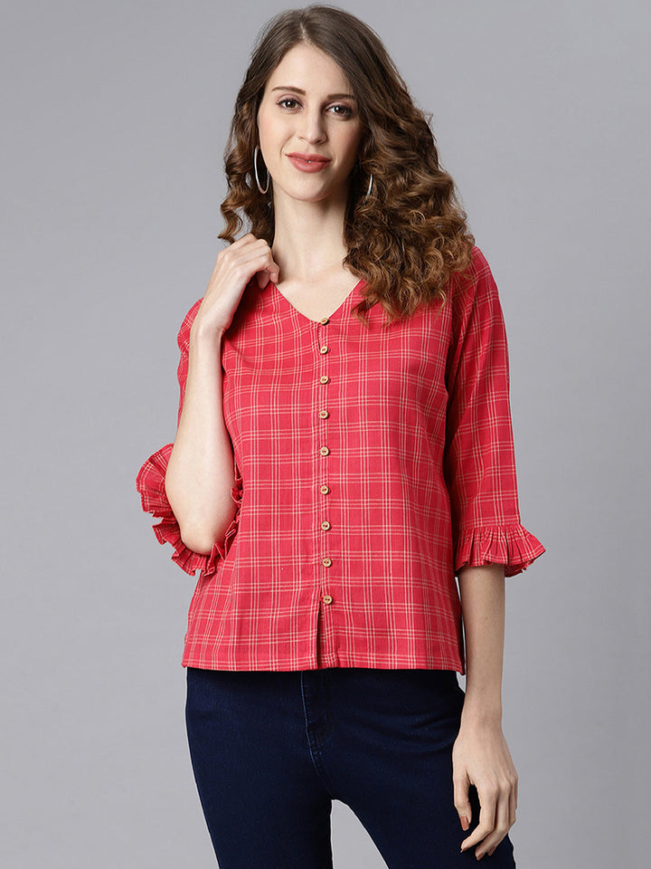 Red Cotton Checkered Regular Top  - By Janasya