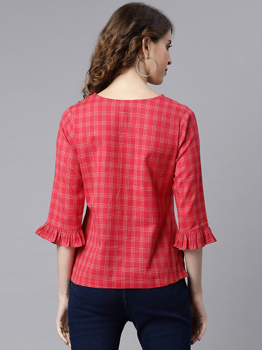 Red Cotton Checkered Regular Top  - By Janasya