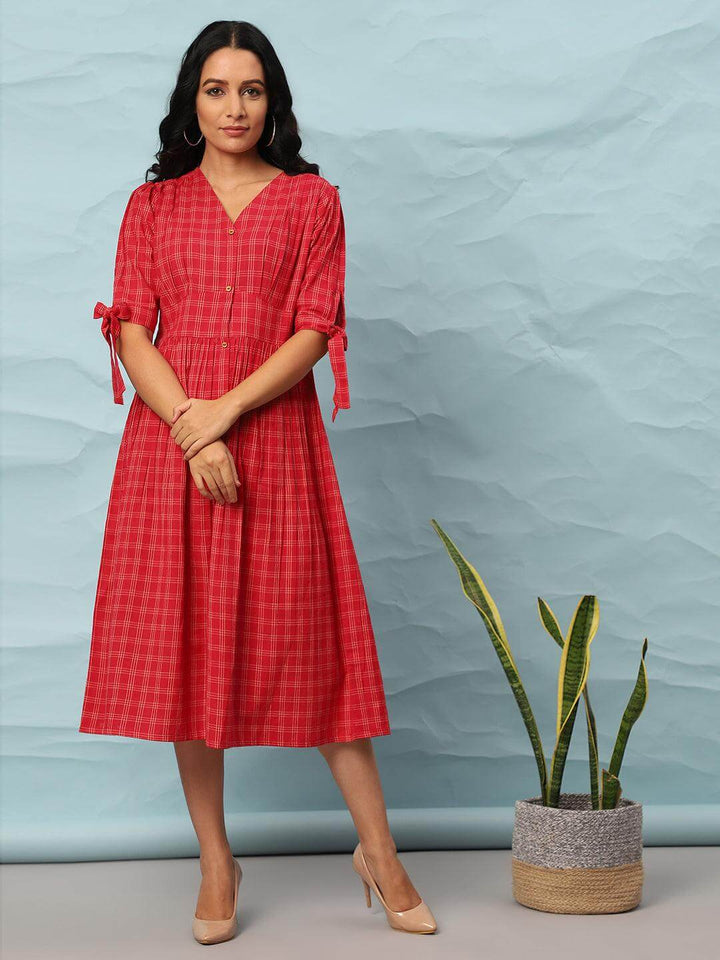 Red Cotton Checkered Flared Western Dress  - By Janasya