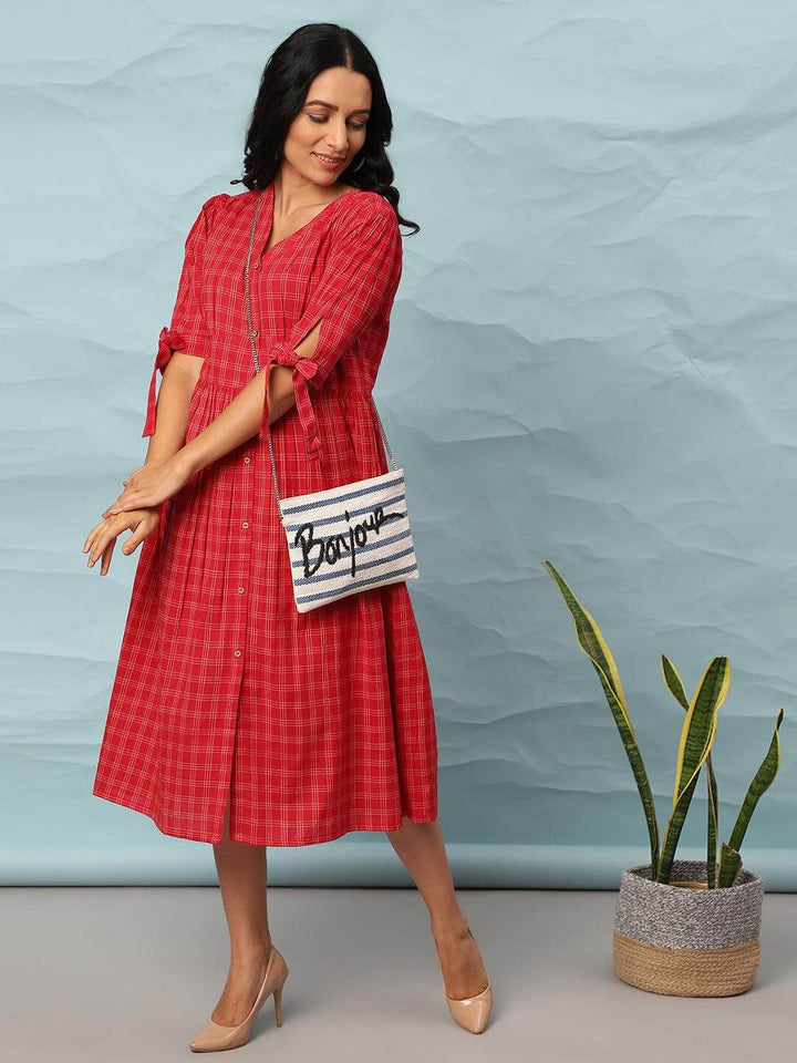 Red Cotton Checkered Flared Western Dress  - By Janasya