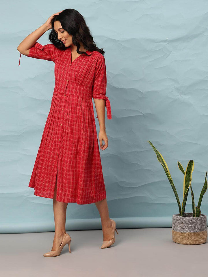 Red Cotton Checkered Flared Western Dress  - By Janasya