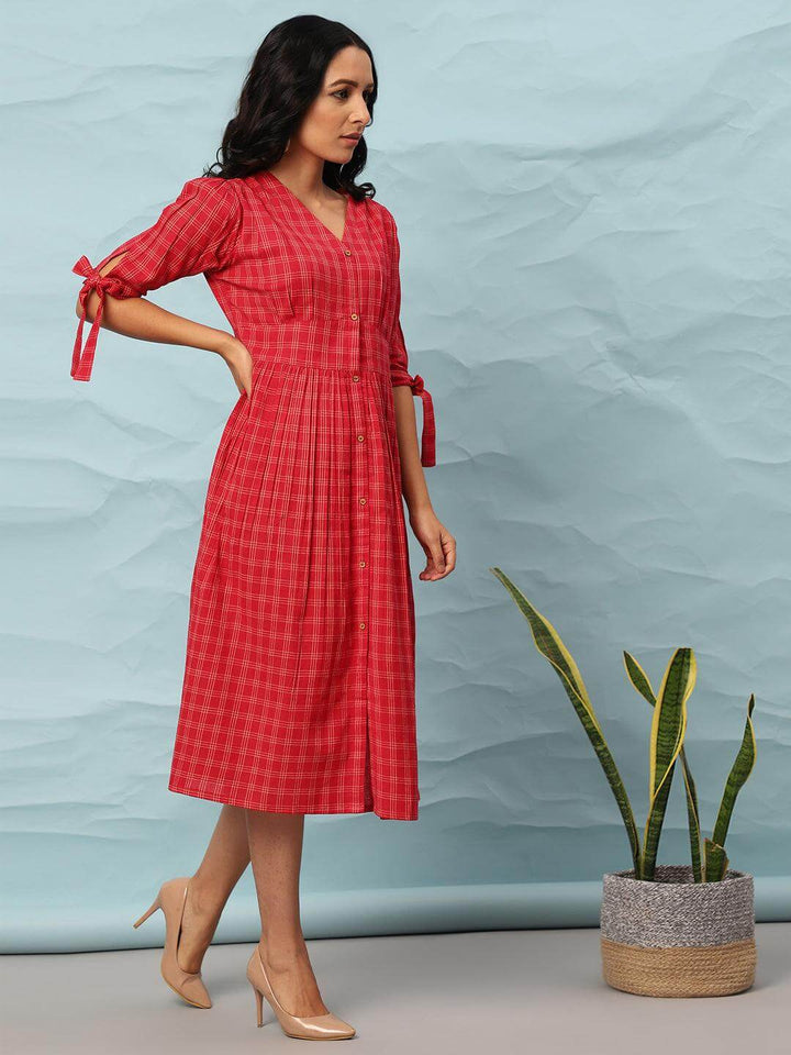 Red Cotton Checkered Flared Western Dress  - By Janasya