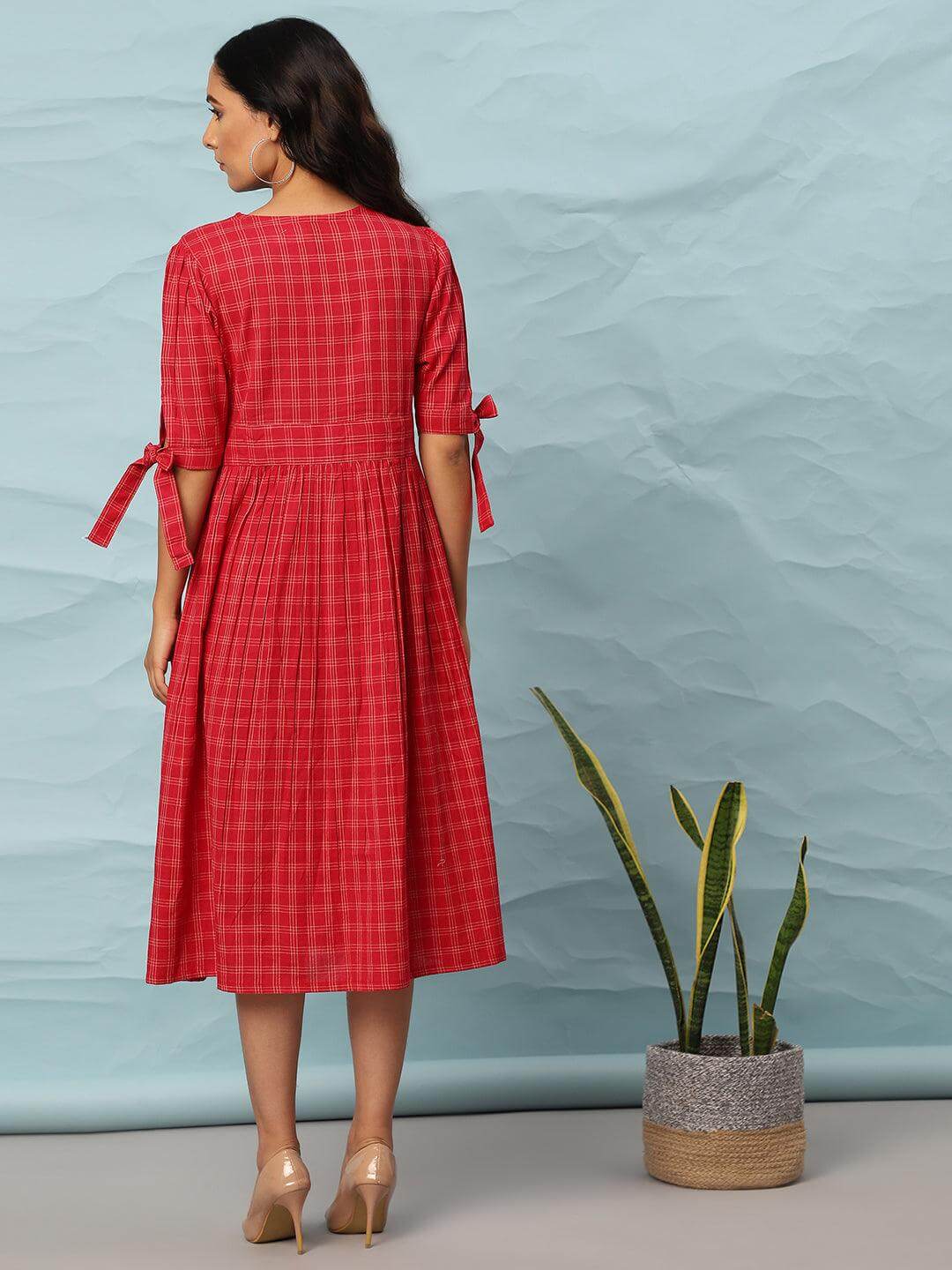 Red Cotton Checkered Flared Western Dress  - By Janasya