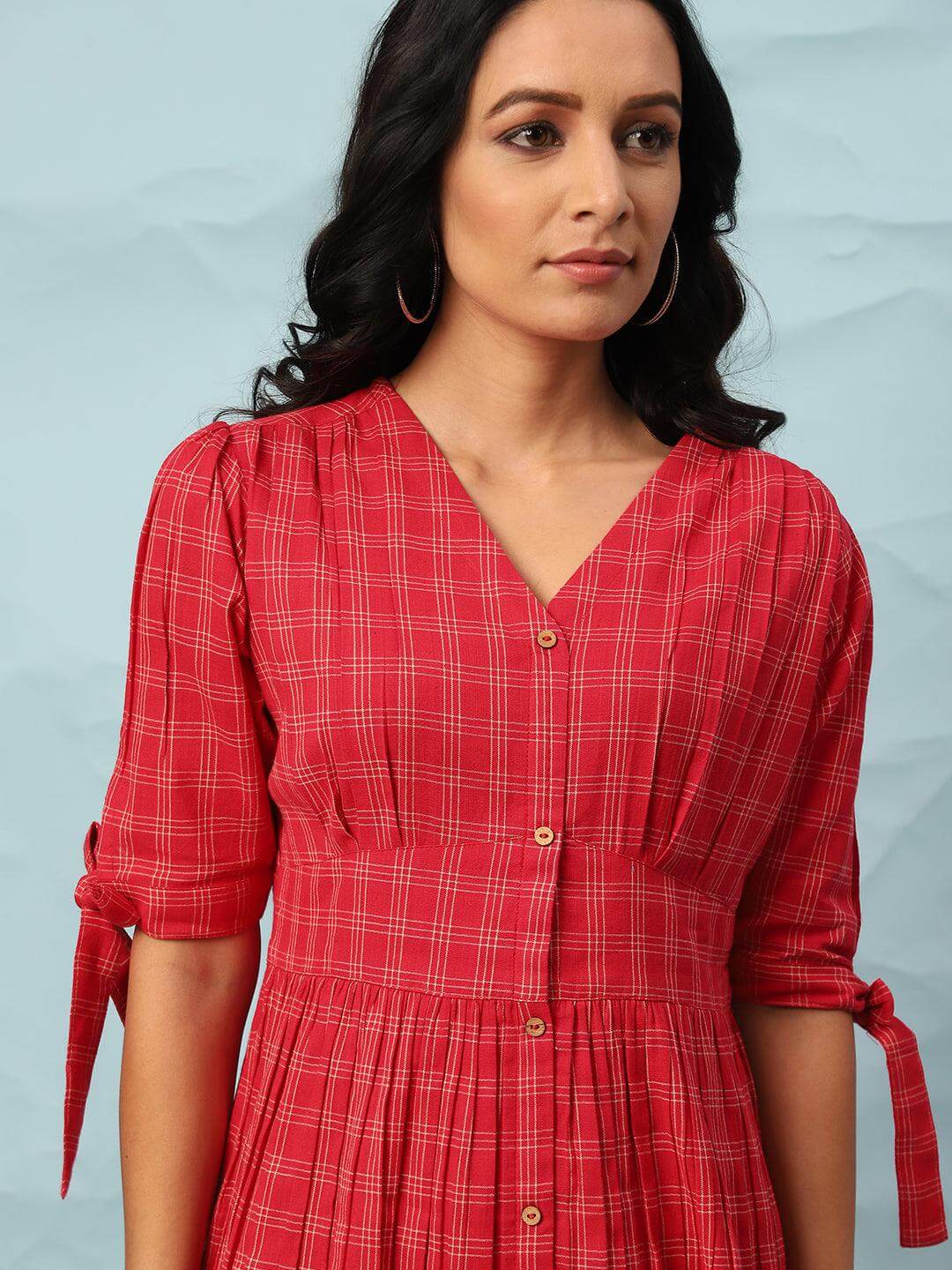 Red Cotton Checkered Flared Western Dress  - By Janasya