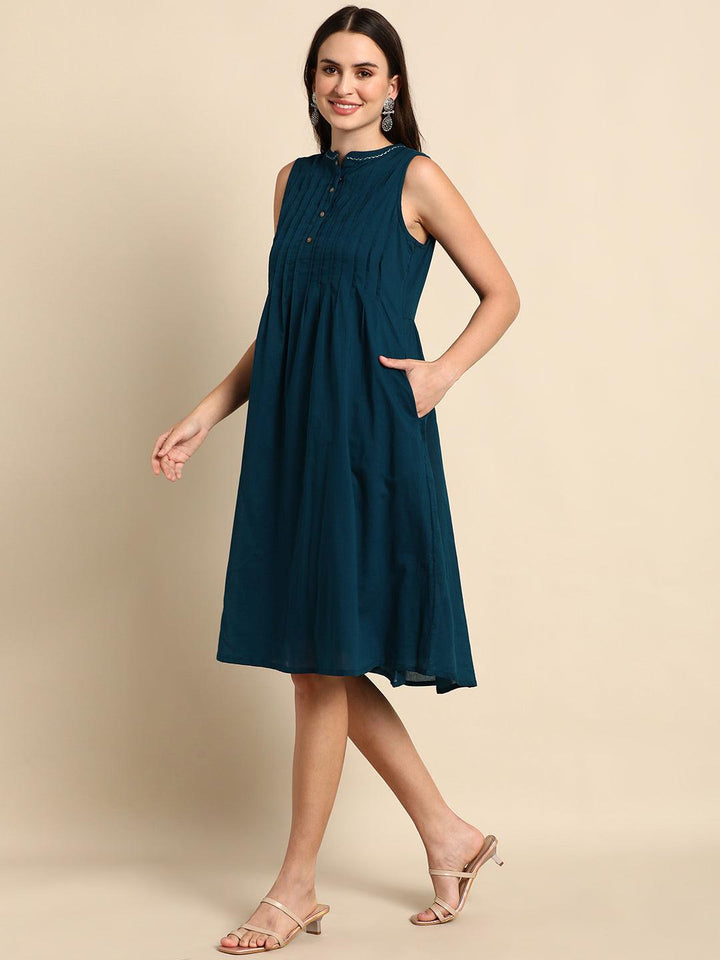 Teal Cotton Solid A-line Western Dress  - By Janasya