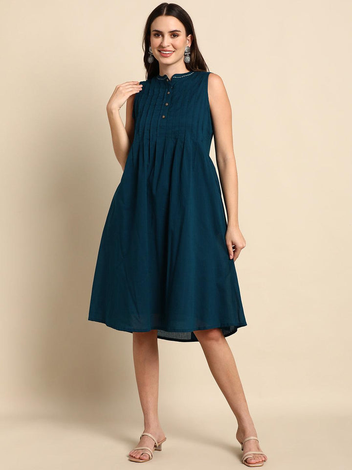 Teal Cotton Solid A-line Western Dress  - By Janasya