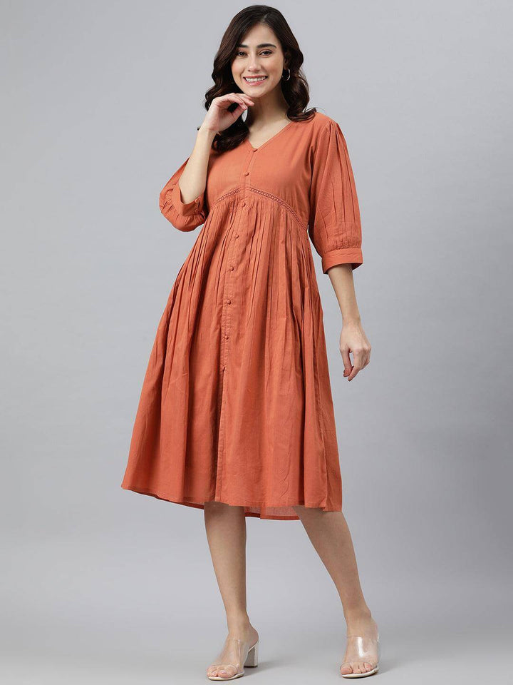 Coral Orange Cotton Solid Flared Western Dress  - By Janasya