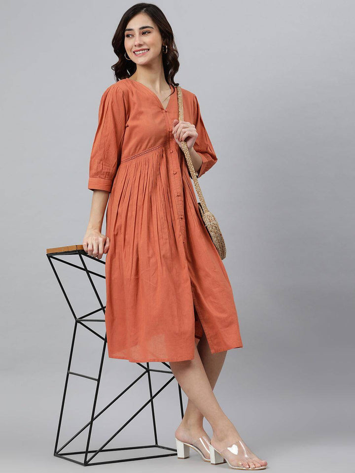 Coral Orange Cotton Solid Flared Western Dress  - By Janasya