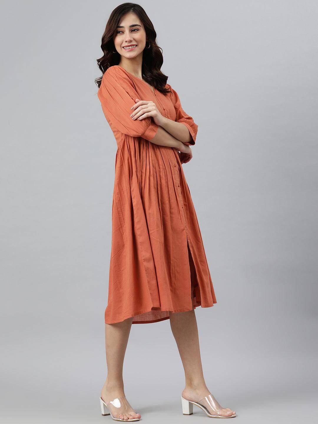 Coral Orange Cotton Solid Flared Western Dress  - By Janasya