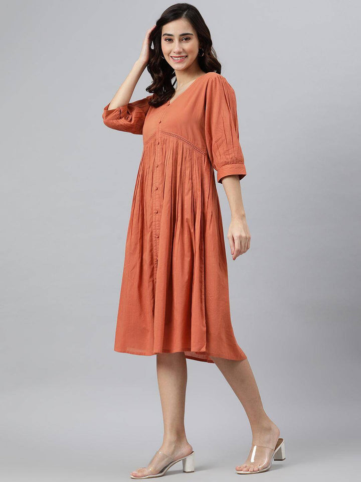 Coral Orange Cotton Solid Flared Western Dress  - By Janasya