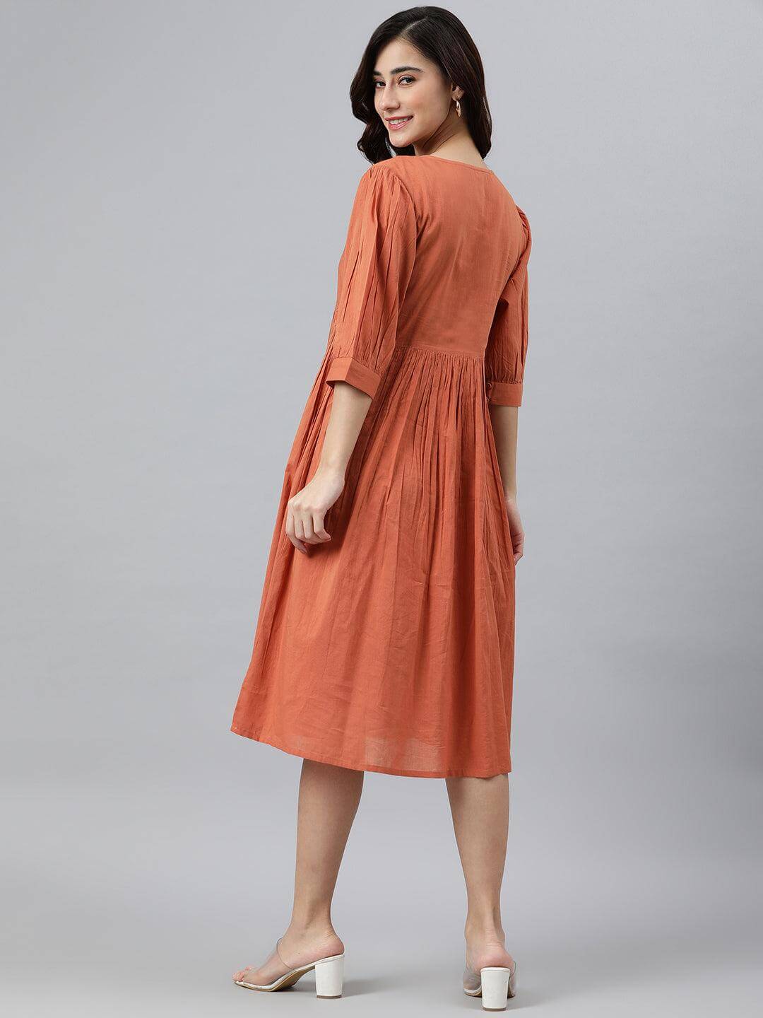 Coral Orange Cotton Solid Flared Western Dress  - By Janasya